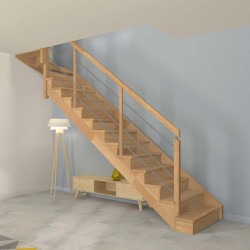 Escalier quart tournant haut à limon crémaillère bois d'un côté et poteaux bois, modèle design avec contremarche