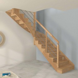 Escalier quart tournant milieu à limon crémaillère bois d'un côté et poteaux bois, modèle design | Oéba