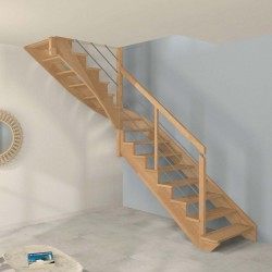 Escalier quart tournant milieu à limon crémaillère bois d'un côté et poteaux bois, modèle design sans contremarche