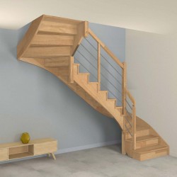 Escalier double quart tournant à limon crémaillère bois d'un côté et poteaux bois, modèle design avec contremarches
