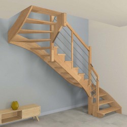 Escalier double quart tournant à limon crémaillère bois d'un côté et poteaux bois, modèle design sans contremarche