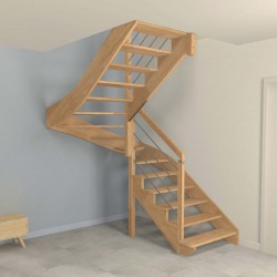 Escalier demi tour à limon crémaillère bois d'un côté et poteaux bois, modèle design sans contremarche